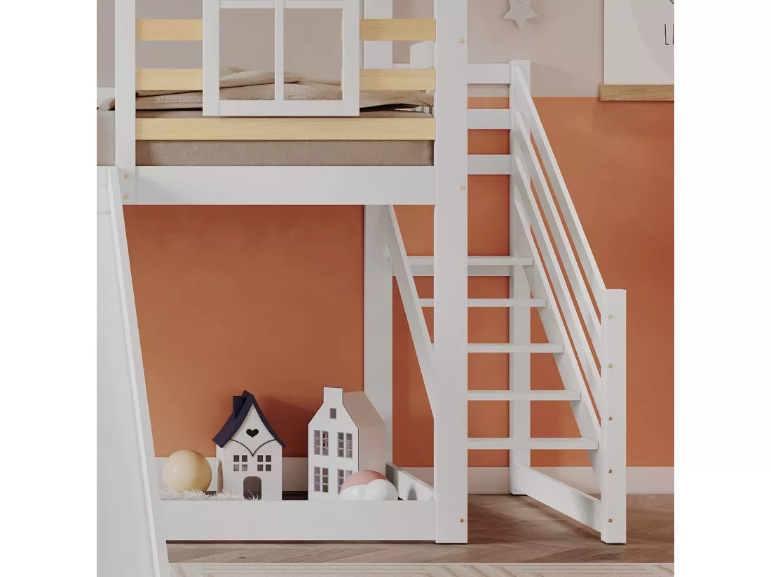 Lits superposés cabane 90 x 200 cm, avec escaliers, grilles et toboggan, Pin + MDF, Blanc