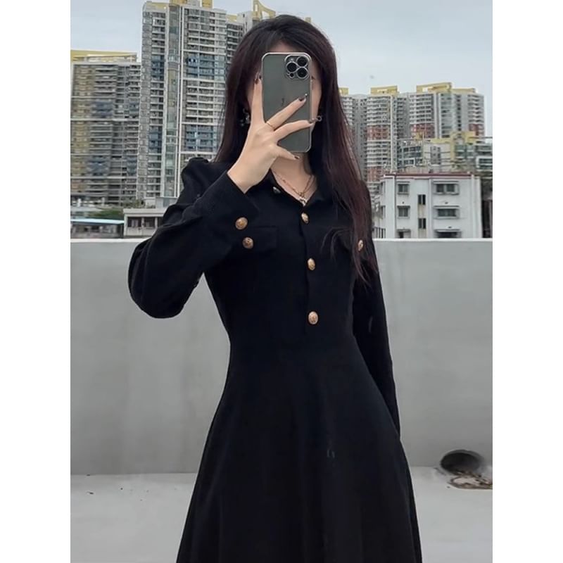 Peach+velvet - Lange mouwen, kraag, effen, knoopsluiting, midi-lijn jurk