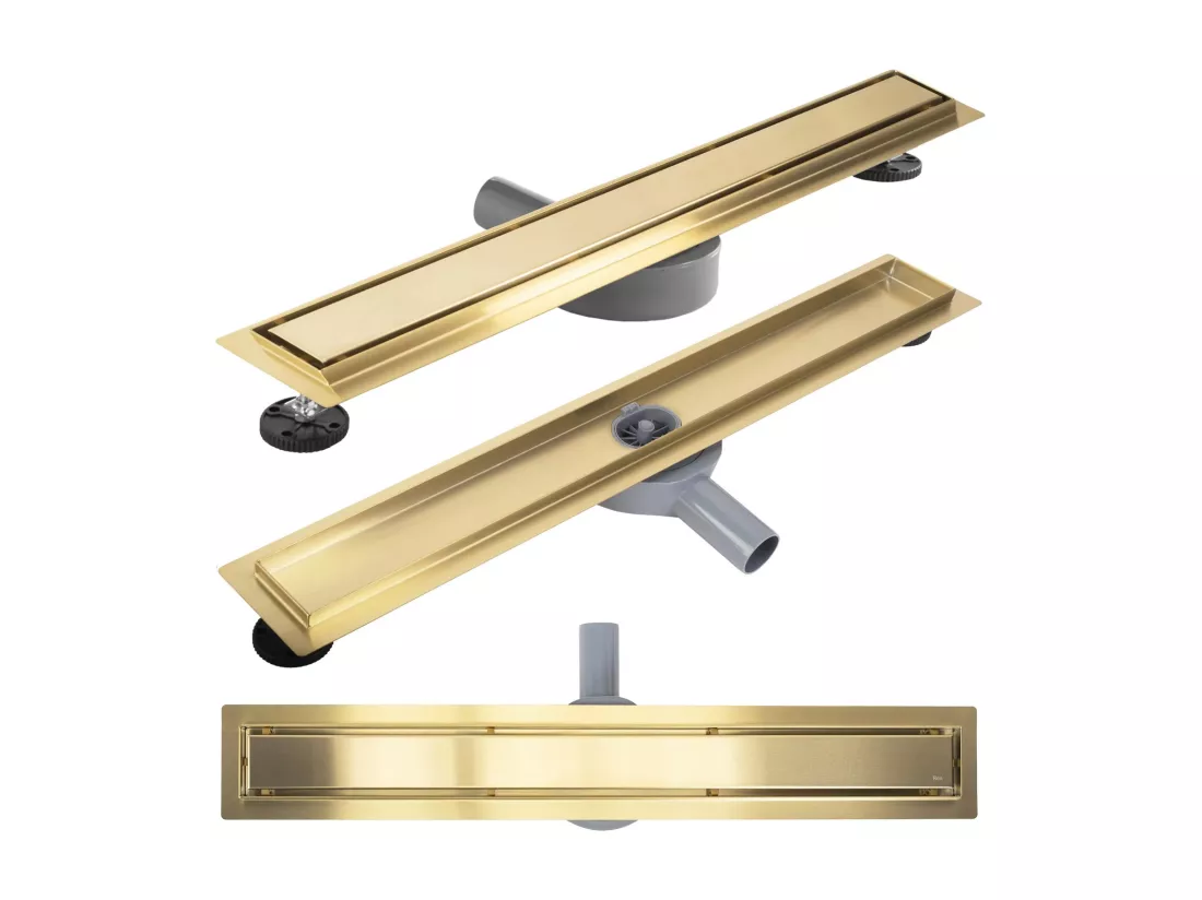 Drain linéaire REA Neox Pro 600 Brush Gold en acier inoxydable de qualité supérieure pour une salle de bain élégante et facile à nettoyer