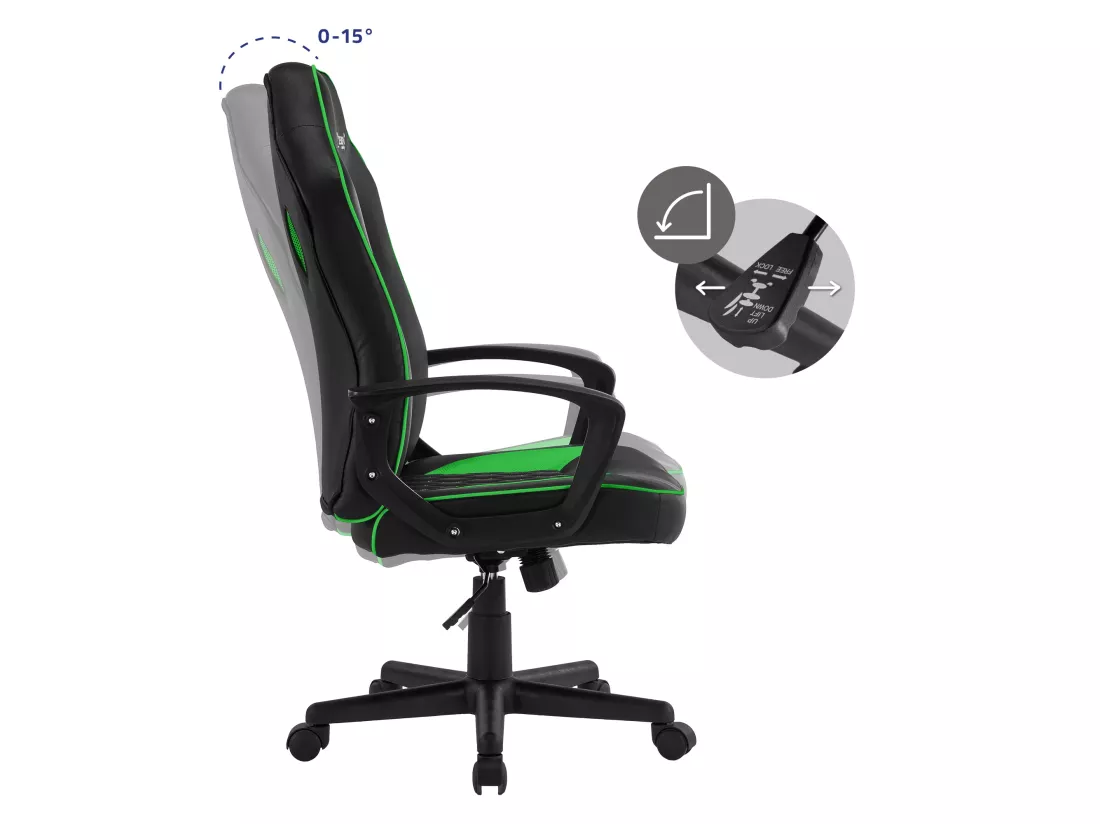 Chaise de gamer avec fonction bascule assise large noir/vert en similicuir ML-Design
