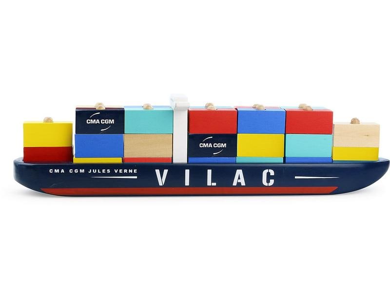 Vilac Stapelspielzeug Containerschiff Holzspielzeug für bunten Stapelspass