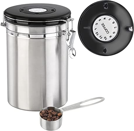 (1.5L) Edelstahl Kaffee Bohnen Aufbewahrungs Dose Luftdichter Kaffeepulver Kanister inkl. Messlöffel - Silber