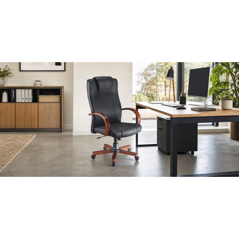 Fauteuil de bureau Partner 2 - avec accoudoirs, appui-tête - Mécanisme Basculant centré - Pied métal coloris merisier