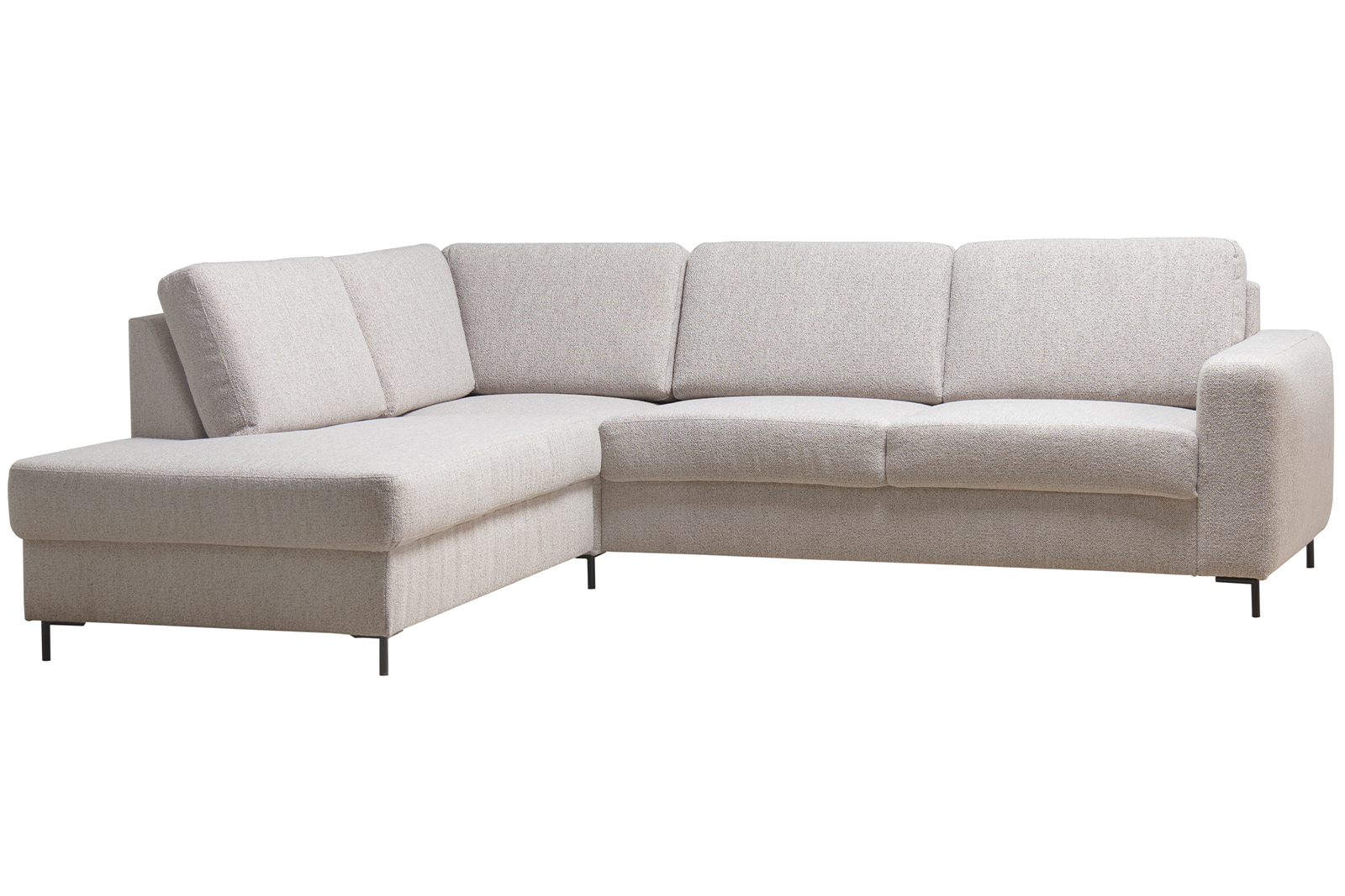 Construct hjørnesofa 2,5-seter med åpen ende venstre i tekstil Monza 60 beige med Talida arm, medium front, skumkomfort og sorte metallben nr 9