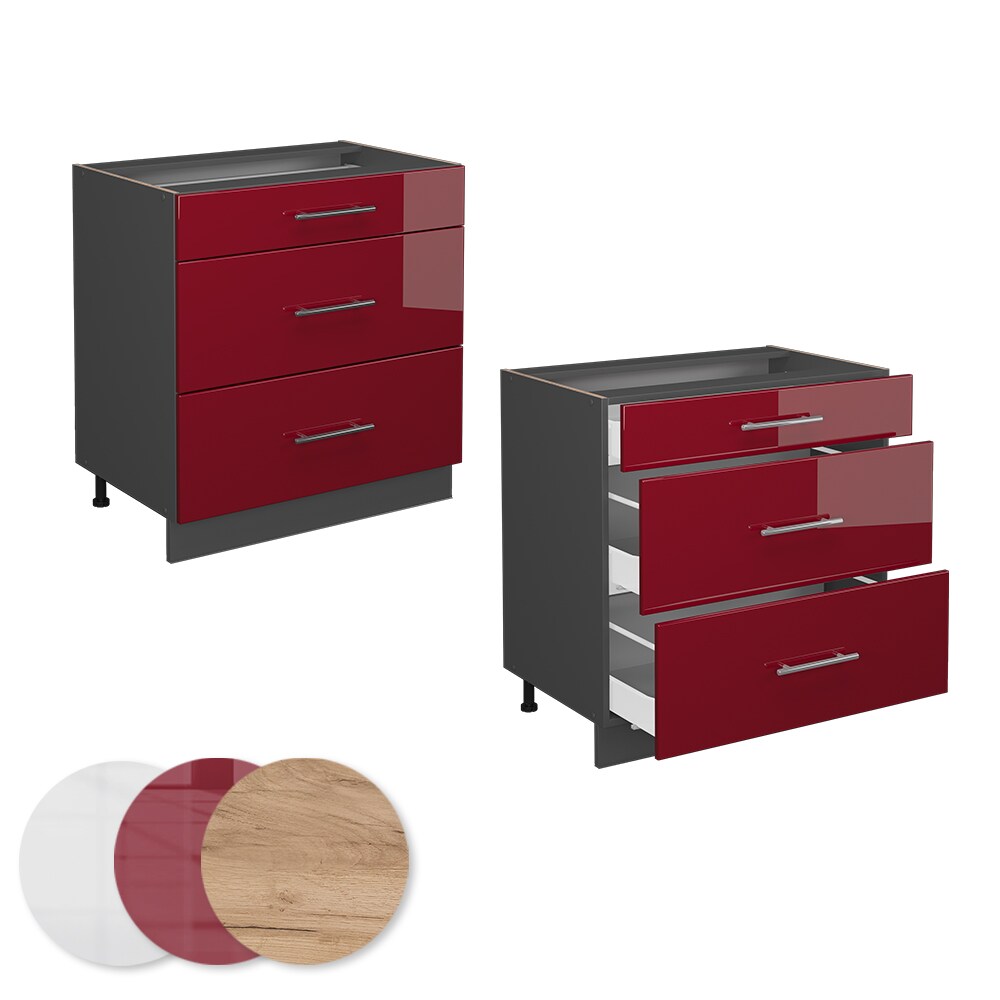Vicco Schubladenunterschrank Küchenschrank Küchenmöbel Fame-Line Anthrazit Bordeaux Rot 80 cm modern Hochglanz Küche Einbauküche Drehtür Blende Schublade Küchenunterschrank Küchenzeile