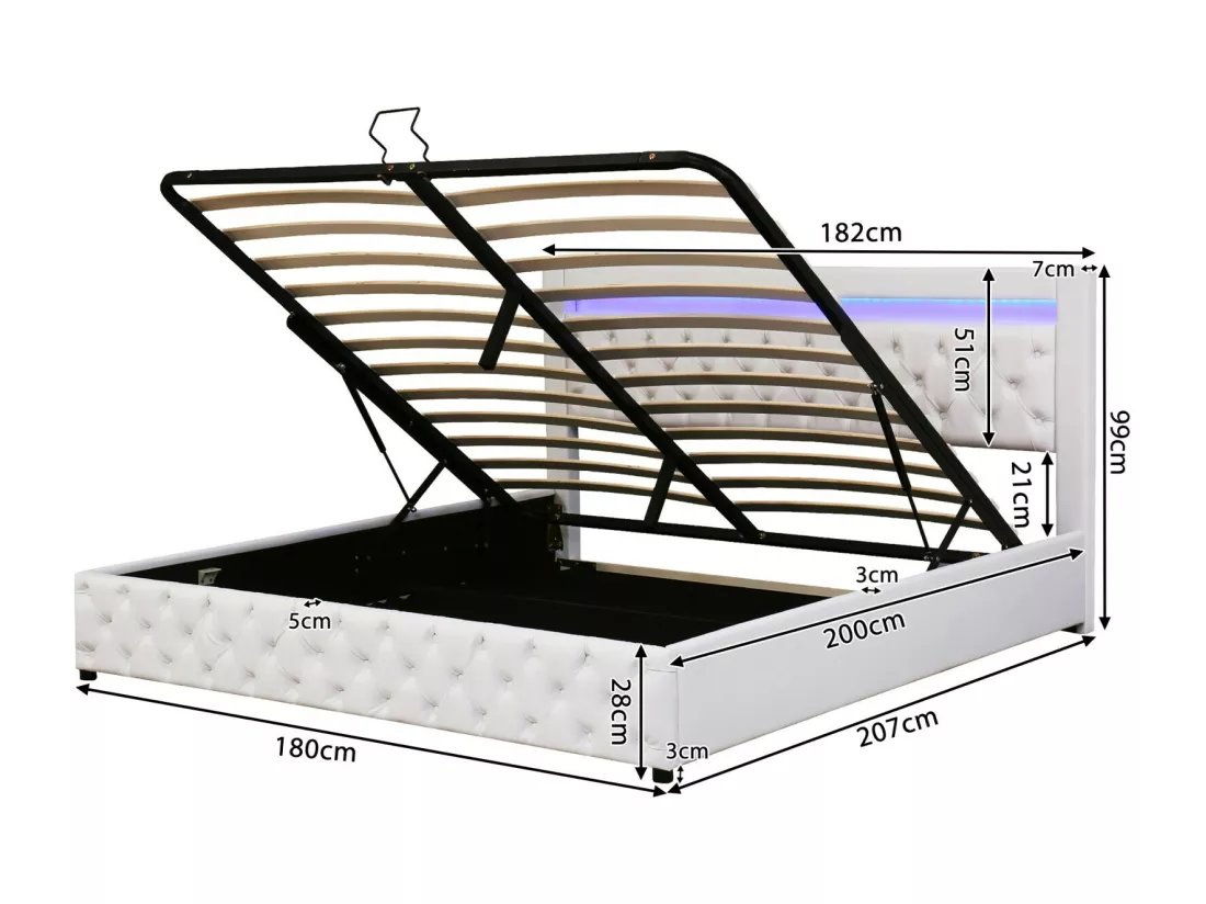 Lit coffer avec LED 180x200cm, Tissu PU, avec cadre à 12 lattes, charge max 220kg, Blanc