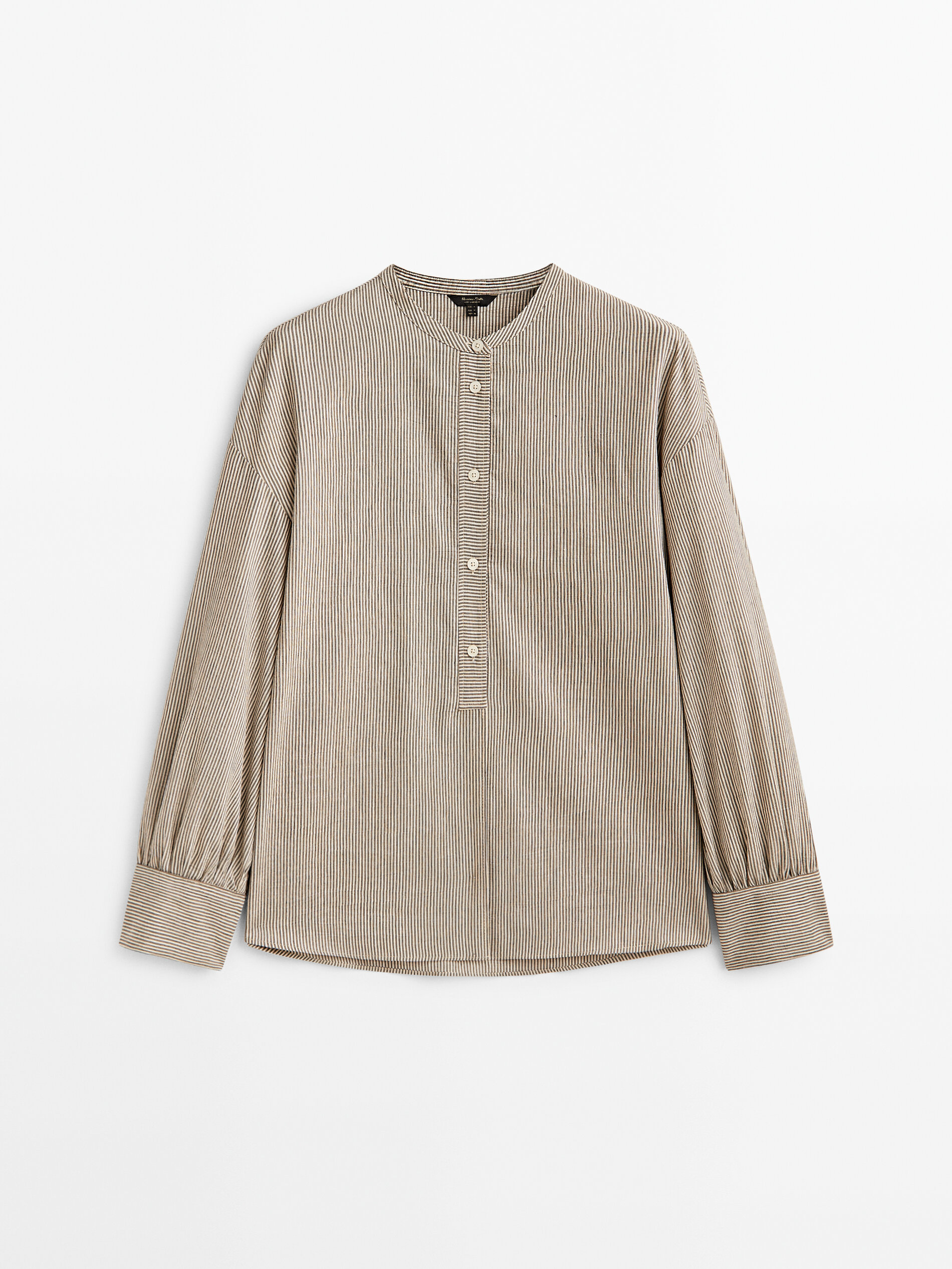 Camisa rayas manga volume cuello mao - MARRÓN