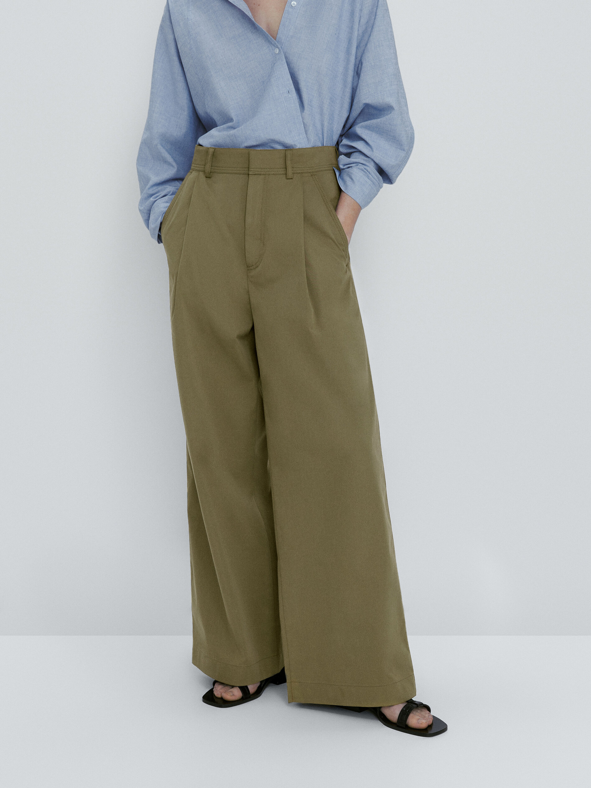 Pantalón ancho pinzas mezcla algodón - KAKI