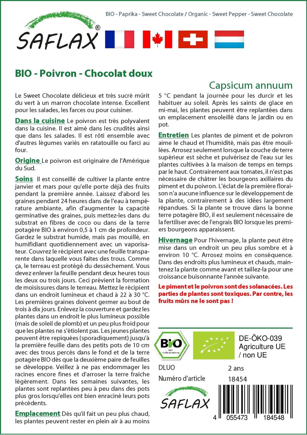Bio - poivron - chocolat doux - 10 graines - avec substrat - capsicum annuum