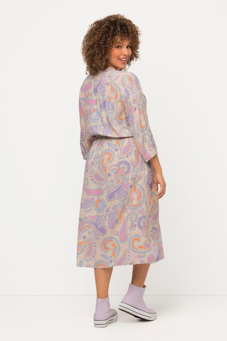 Kleid, Paisley, A-Linie, Stehkragen, 3/4-Arm