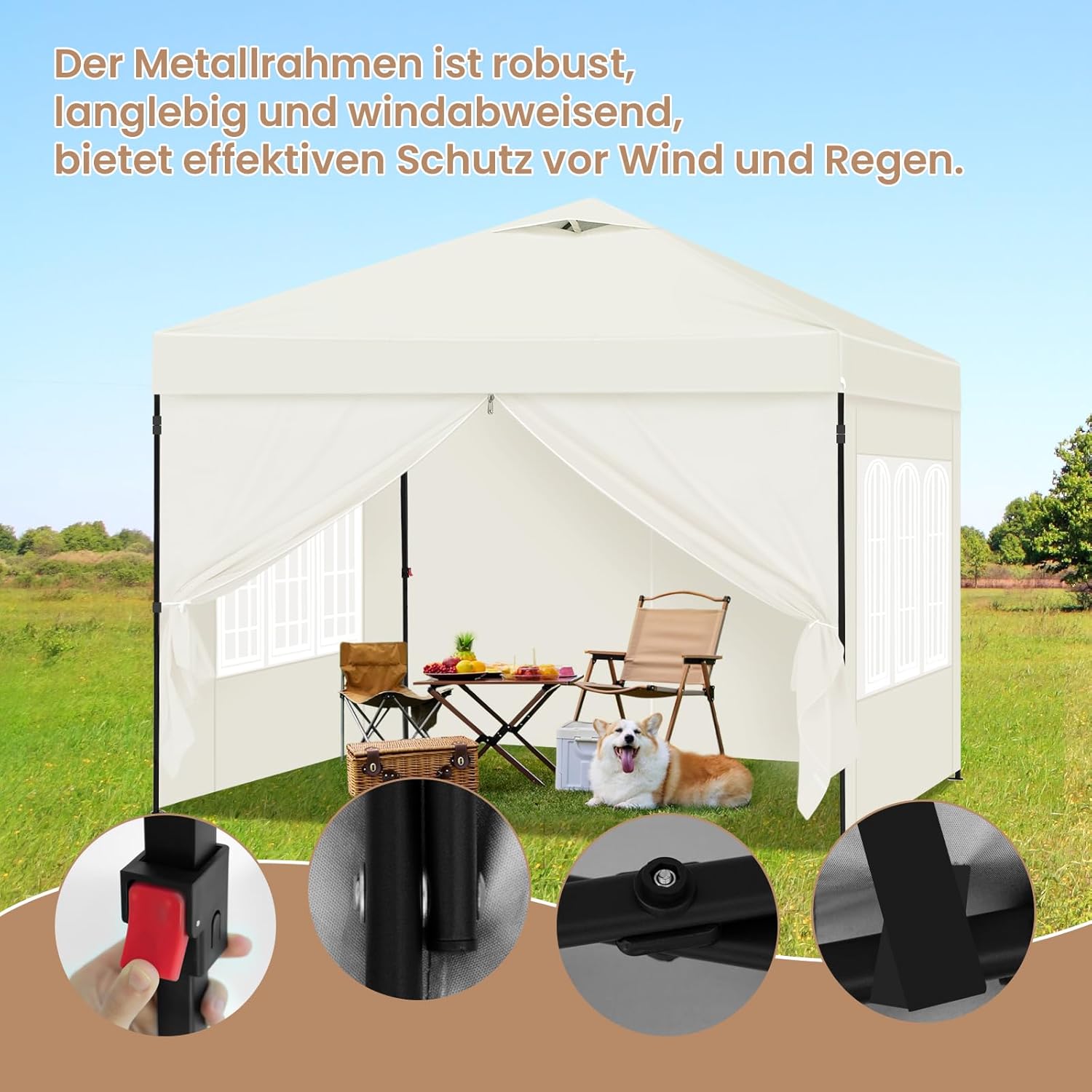Laneetal Pavillon 3x3 m, Faltpavillon mit Seitenwänden, wasserfest stabil Winterfest, Outdoor Gartenpavillon, Partyzelt Gartenzelt, höhenverstellbar, UV Schutz, Metallrahmen, Beige