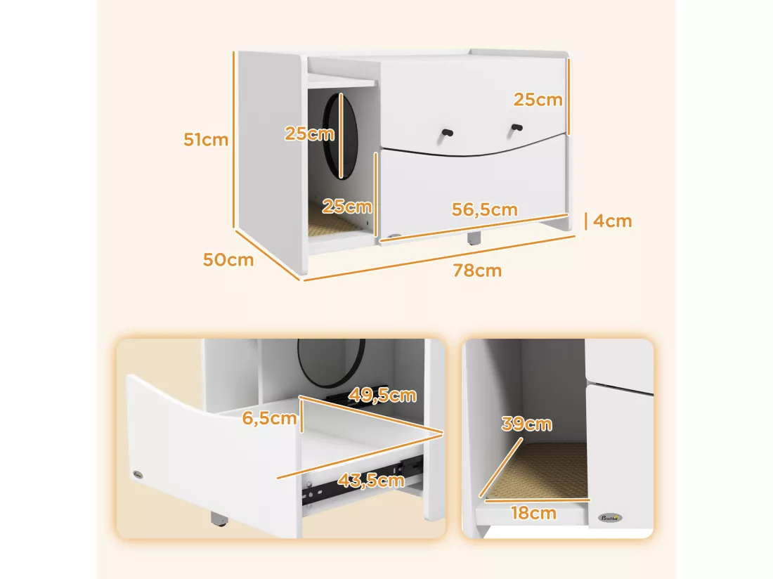 Maison de toilette pour chat - meuble cache litière - compartiment coulissant, aérations, tapis de fuite - blanc