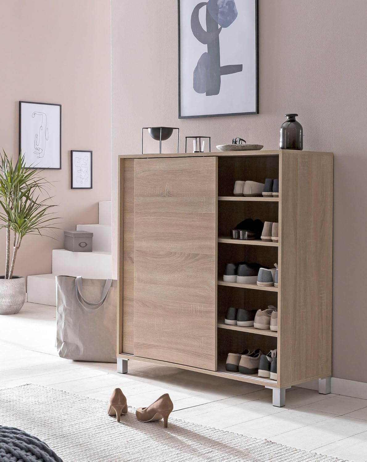 Wohnling Schuhschrank WL5.713 Holz Sonoma 100x108x37,5 cm Ablage Hoch, Design Schuhständer Groß 20 Paar Schuhe Schuhregal Flur, Schuh Aufbewahrung Platzsparend, Schuhablage Dielenmöbel Modern XXL