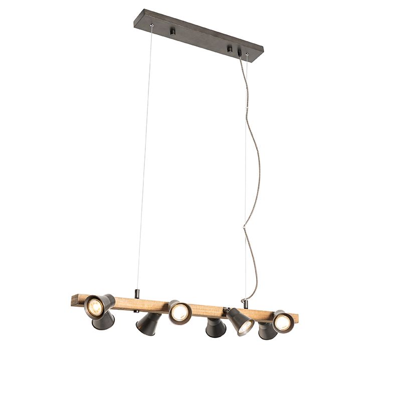 Landelijke hanglamp zwart met hout 8-lichts - Jelle