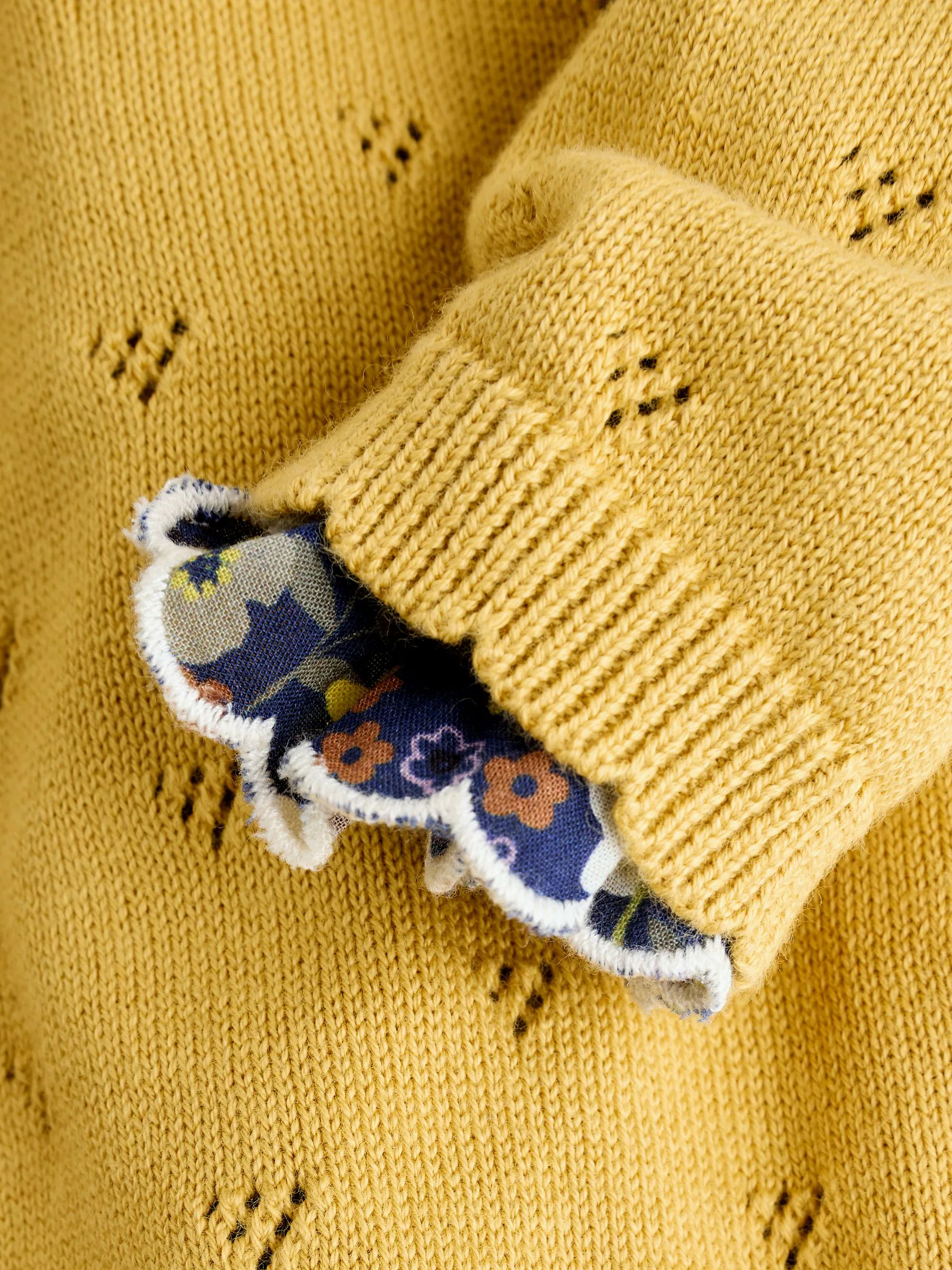 Geel/marineblauw met fijne print/paars - Knitted Cardigan, Long Sleeve Top and Cord Trouses Baby 3 Piece Set (0mths-2yrs)