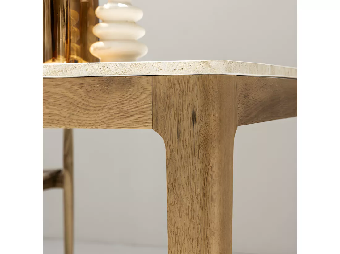 Kielce - Table à manger 6 personnes effet travertin et bois - Beige