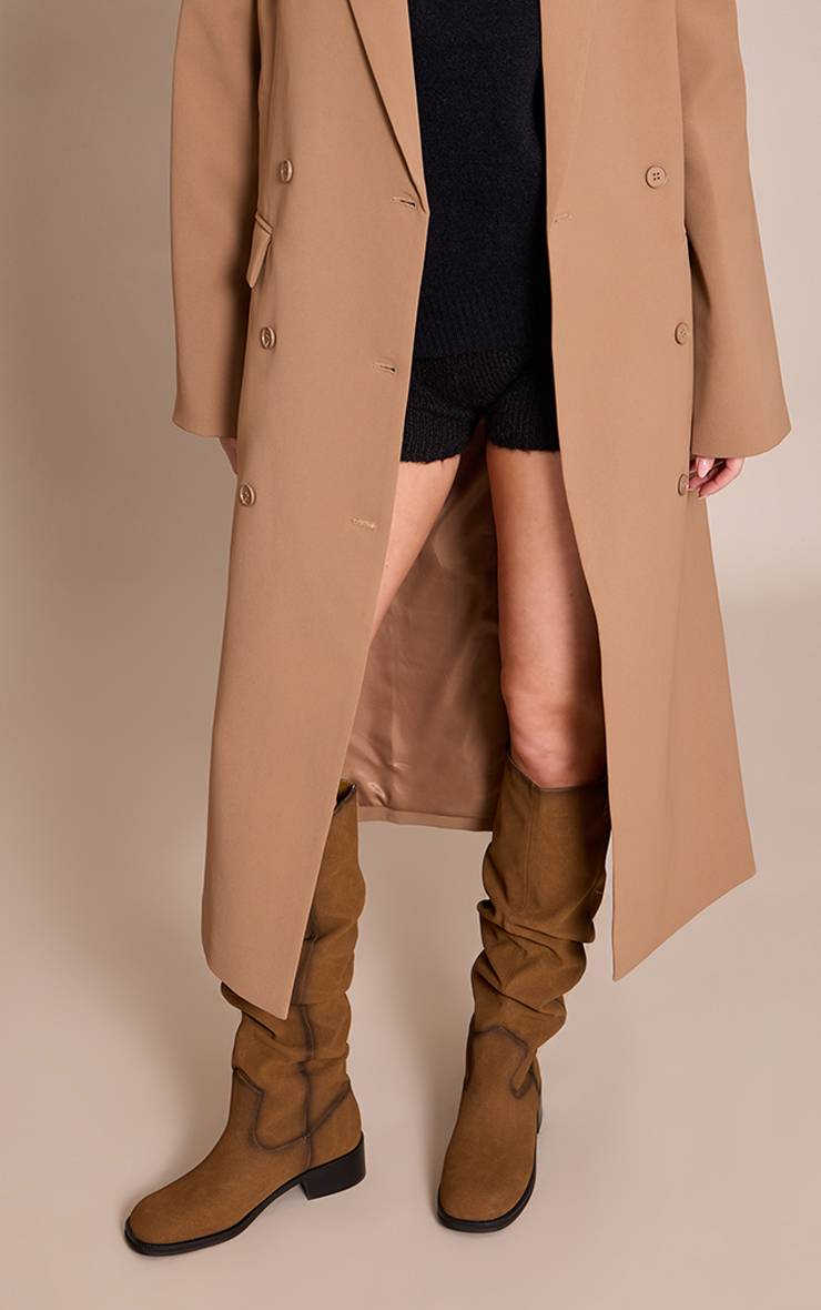 Marron Bottes Hautes Plissées À Talon Bas En Synthétique