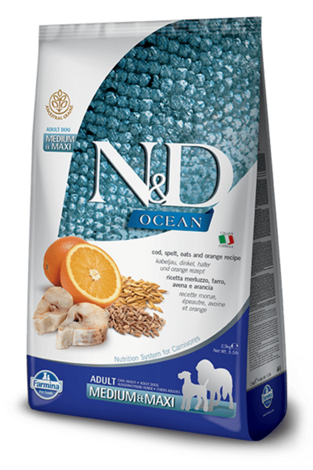 Croquettes n&d ocean morue, epeautre, avoine & orange chien med/maxi 2,5kg