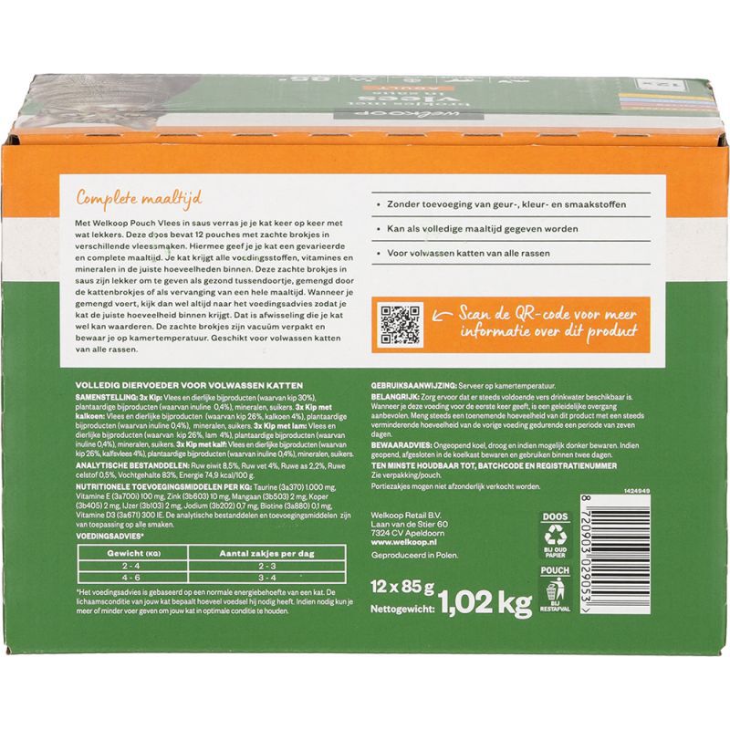Welkoop Pouch Brokjes in Saus - Kattenvoer - 12x85 gram - 150 Gram - vlees
