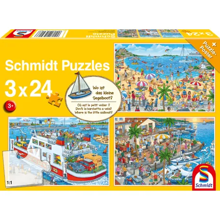 Schmidt Spiele KinderPuzzle - Wo ist das kleine Segelboot? 3x24 Teile KinderPuzzle -