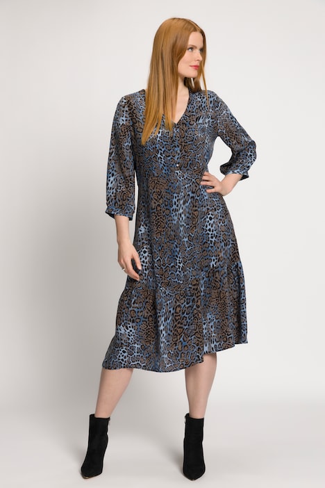 Cupro-Kleid, Leo-Design, V-Ausschnitt, 3/4-Arm