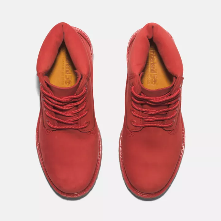 Bota Timberland Premium de 6 polegadas impermeável, edição 50, para mulheres, na cor vermelha.