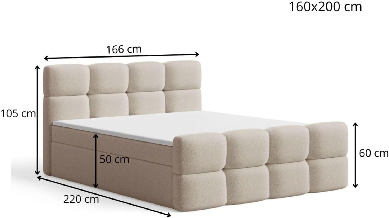 GRAINGOLD Rivon Bett, Boxspringbett mit Bettkasten, Polsterbett mit Bonell-Matratze, Boucle Stoff, mit Topper, mit Kopfteil (Creme, 160x200)