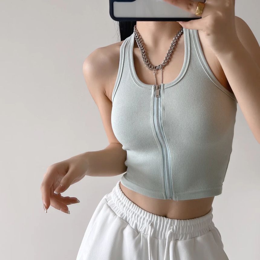Reknovine - Haltertop met rits, open rug en geribbelde effen crop top
