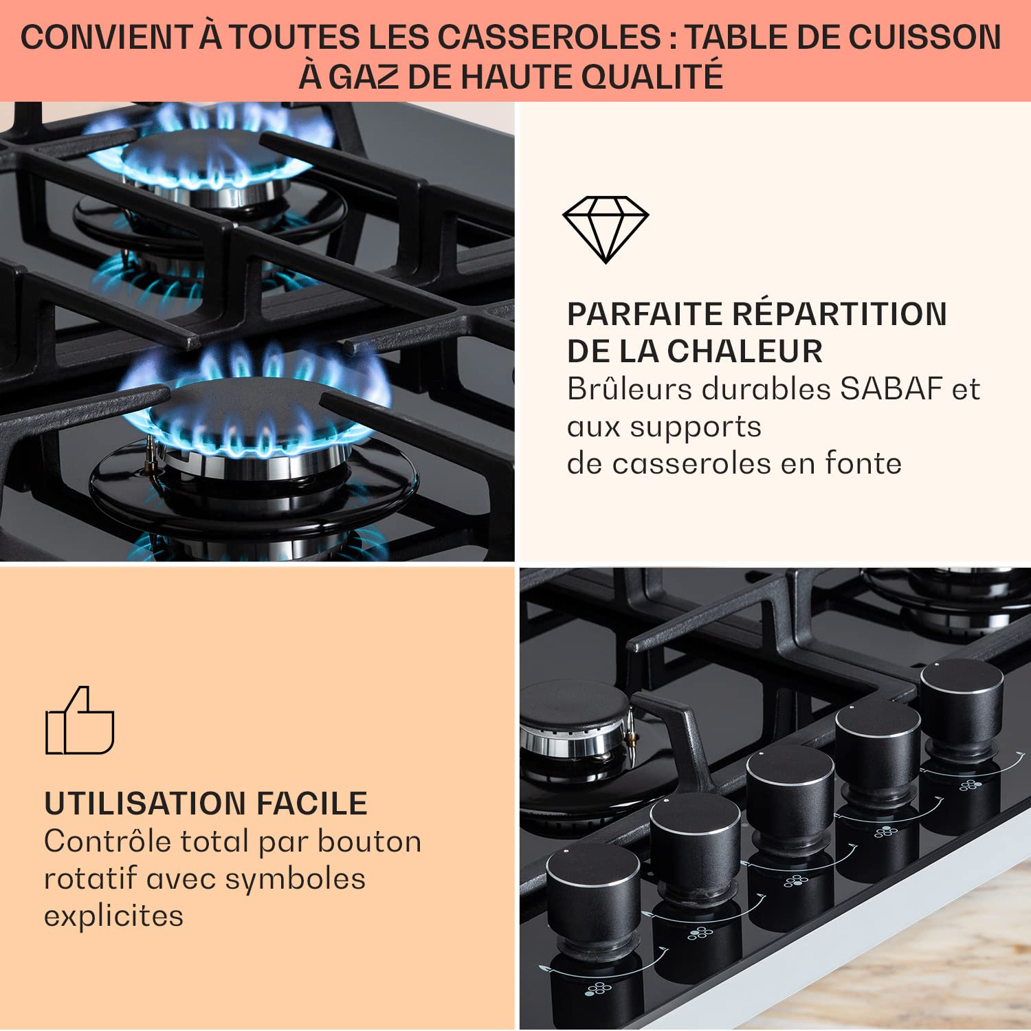 Klarstein Tables/Plaque/Gaziniere de Cuisson à Gaz à 5 Brûleurs, Table de Cuisson Encastrable à 5 Feux de 11100W, en Acier Inoxydable, Cuisinières GPL