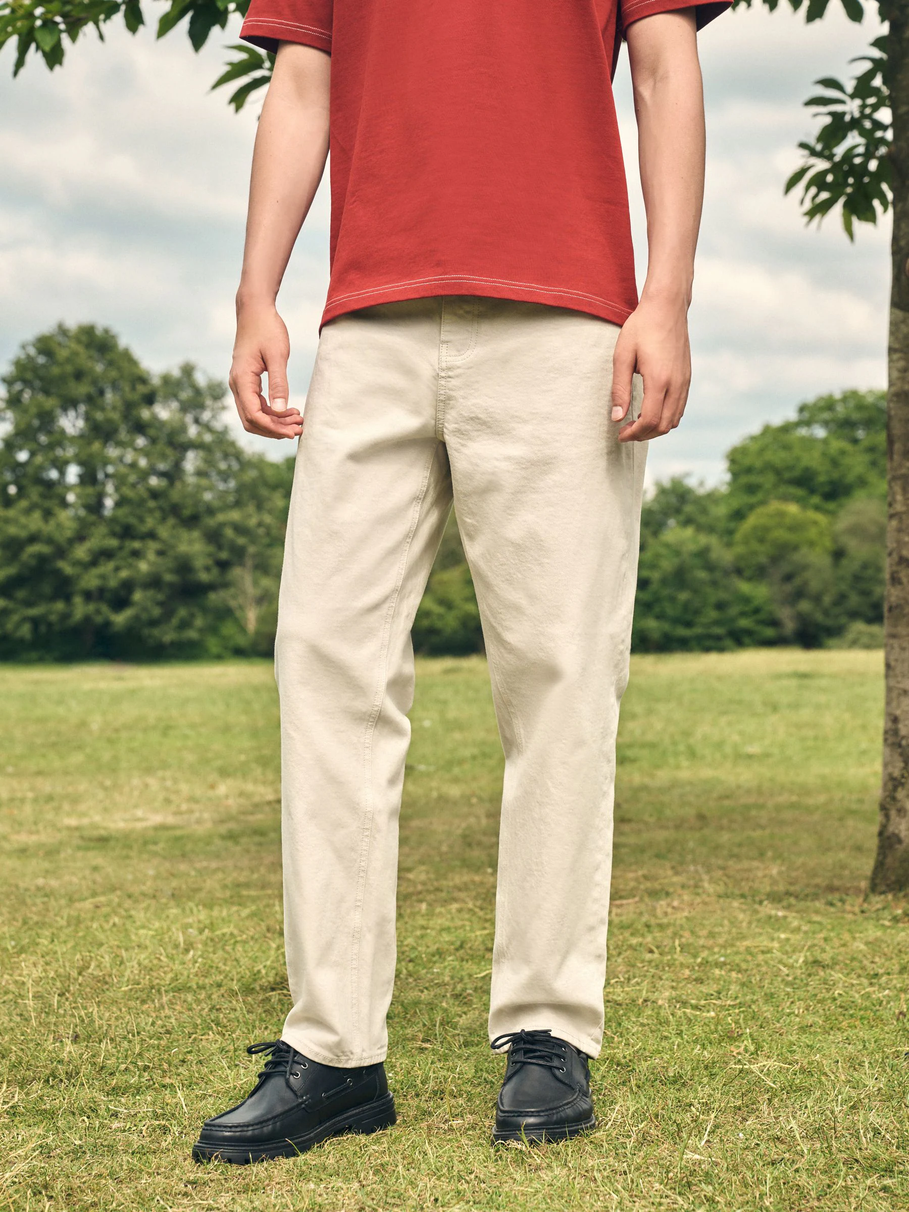 Ecru wit - Relaxte uitlopende pasvorm - Vintage wash denim jeans