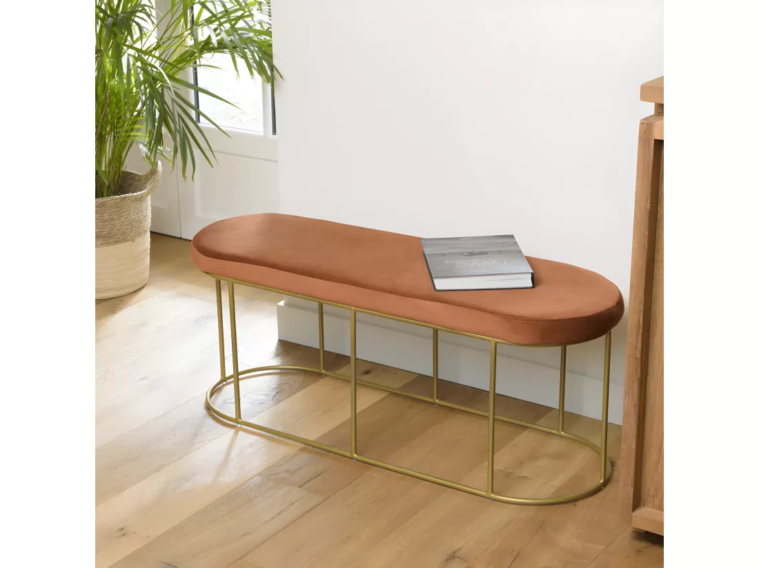 ALBANE - Banc velours orange pieds arrondis métal doré