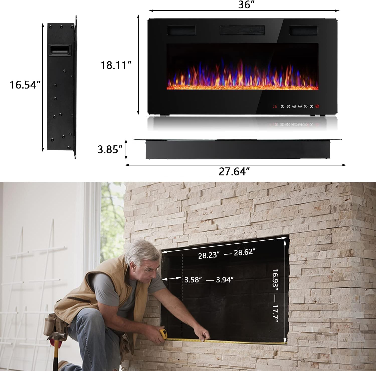 Waleaf Elektrokamin, 91,4 cm Elektrischer Kamin mit Heizung, 3D-Flammeneffekt, 12 Flammenfarben, Wandkamin und Einbaukamin mit Fernbedienung für Wohnzimmer & Innenräume, 1500W, Schwarz