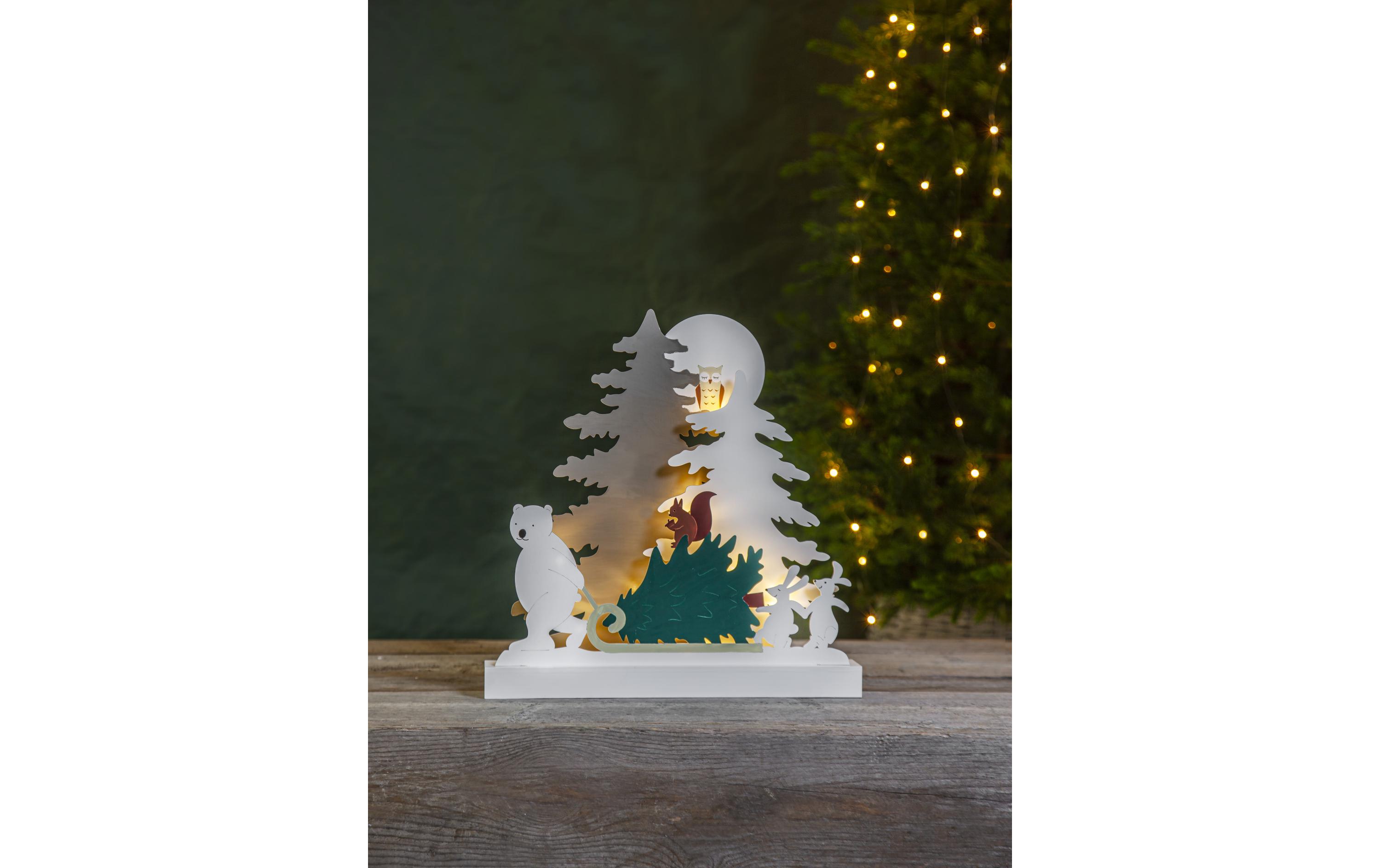 Tischdeko Forest Friends, 38 cm, HolzBeleuchteter Wald mit Tieren