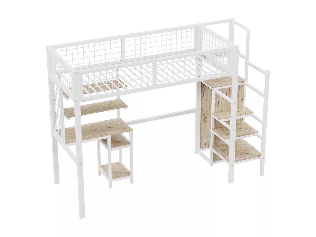 Lit mezzanine 90 x 200 cm avec bureau, penderie et étagères et rangements - Métal + bois MDF - Blanc