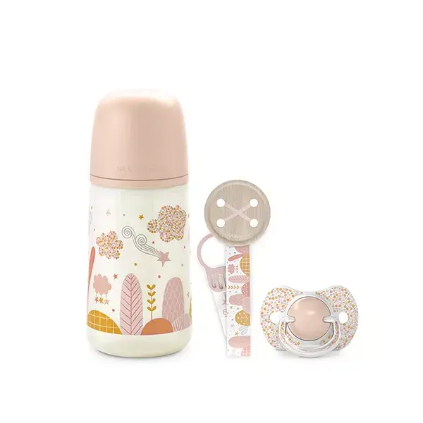 Conjunto de presente Suavinex com mamadeira, chupeta e prendedor de chupeta, rosa Dreams, 270ml