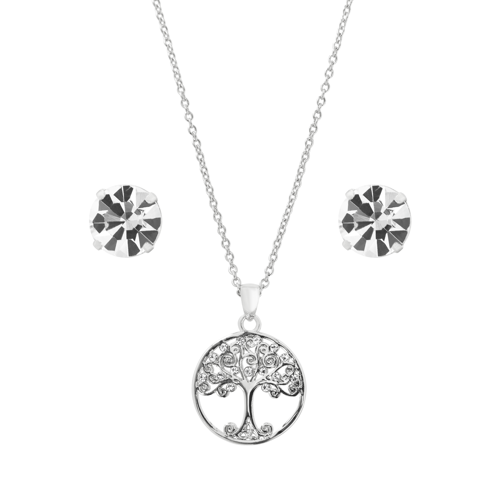 (3-tlg. Set) Damen Halskette / Ohrstecker mit Baum des Lebens Kristall Anhänger - Silber