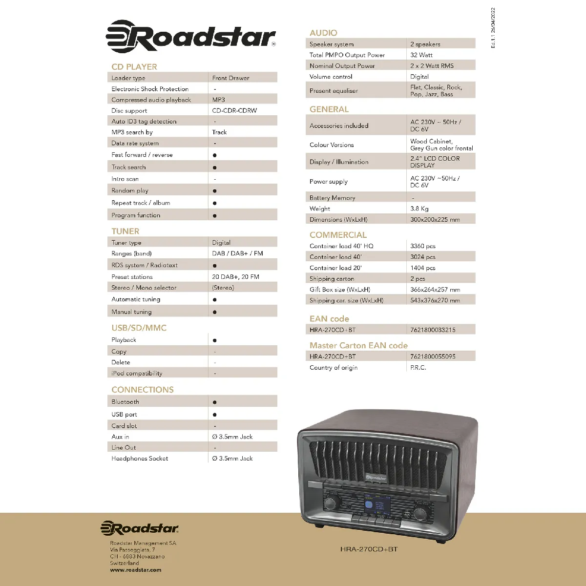 Roadstar HRA-270CD-MP3CD+BT