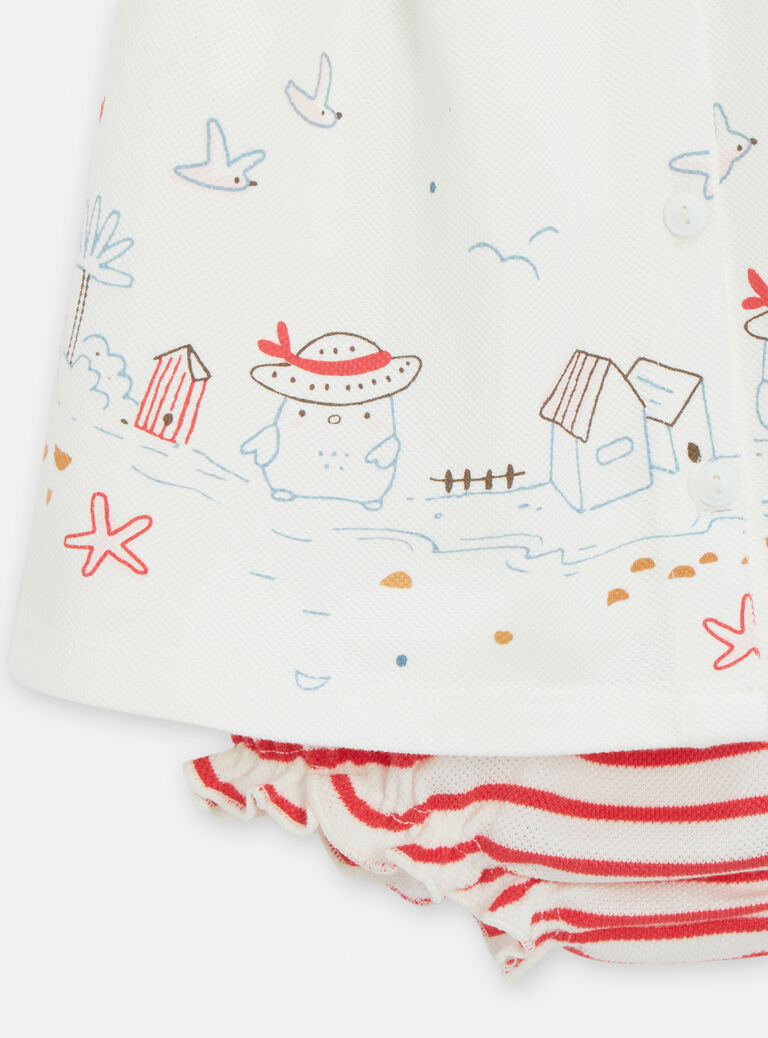 Ensemble robe imprimé moineaux et short rayé rouge