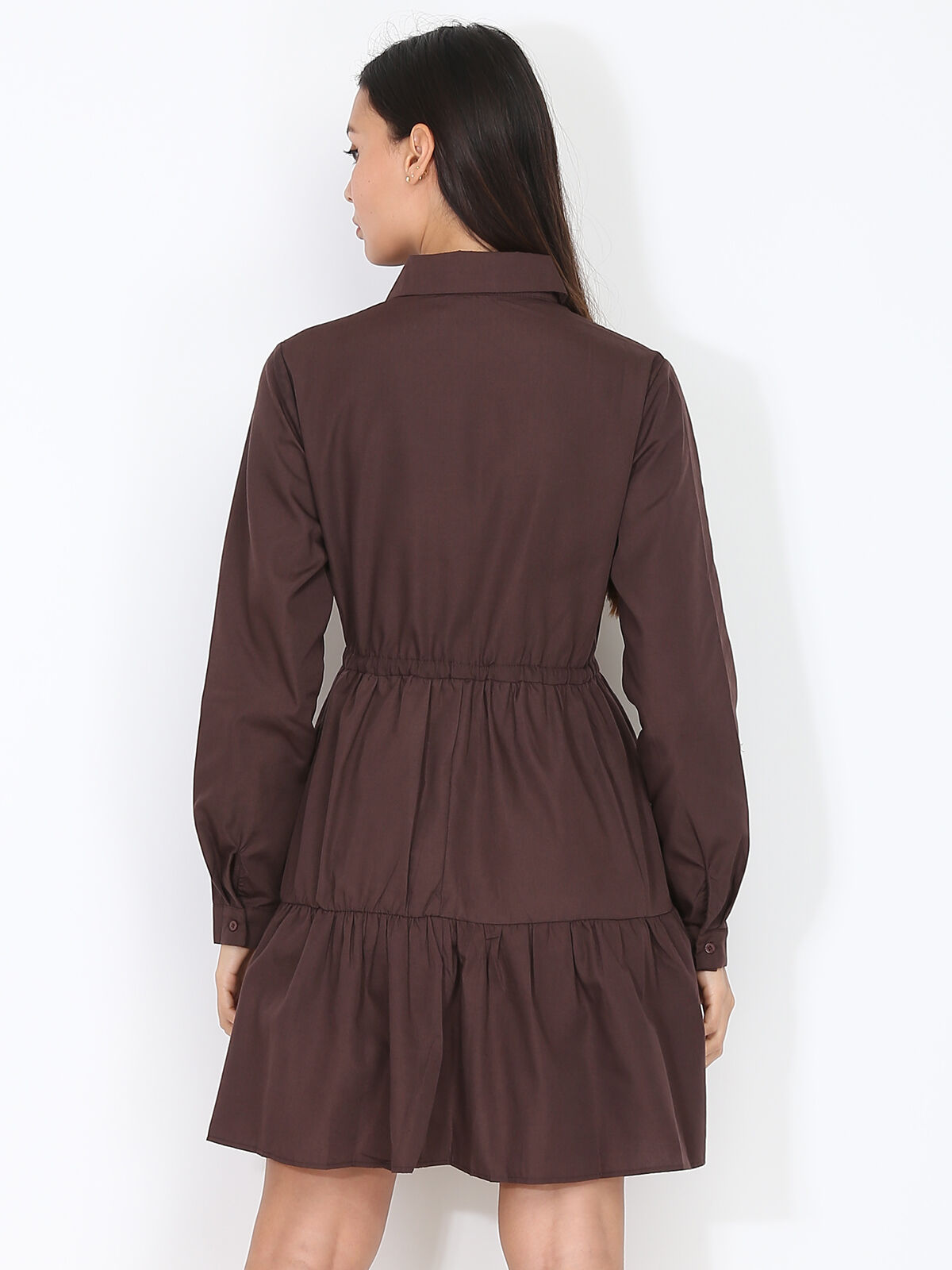 Robe chemise à volants- Marron