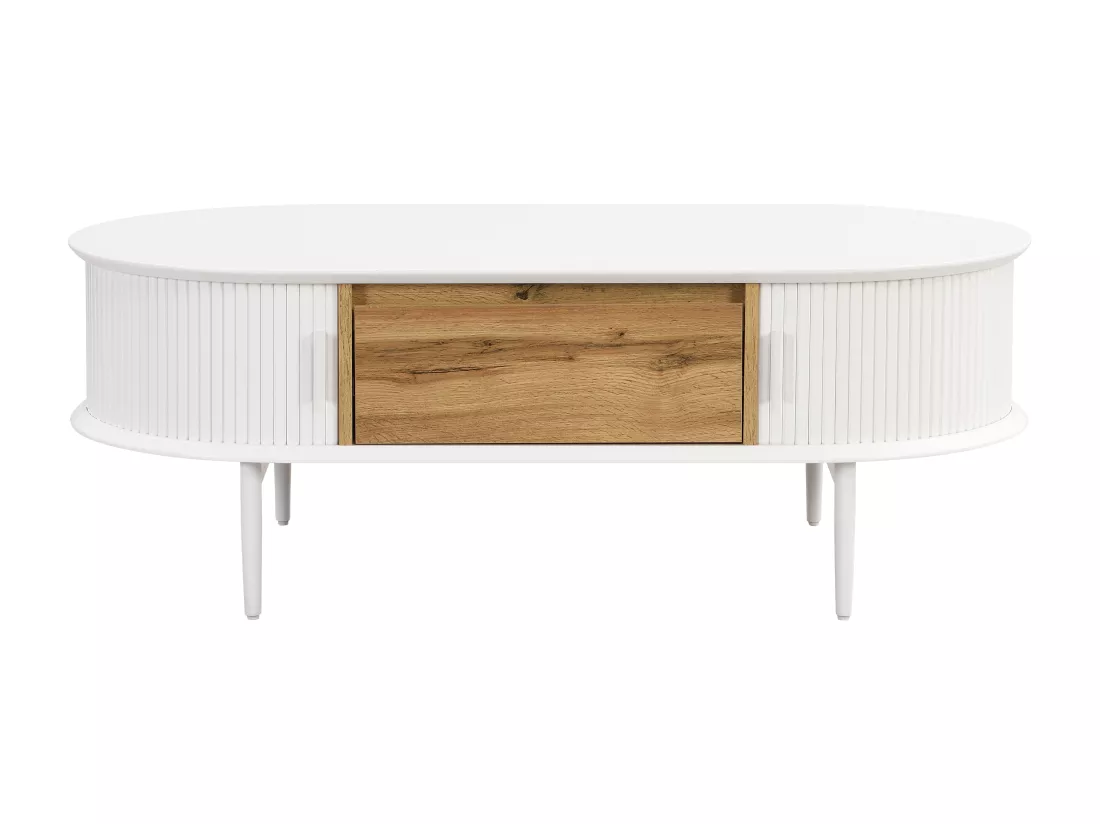 Table basse avec 2 portes coulissantes et 1 tiroir en MDF - Blanc et naturel - VELURANI