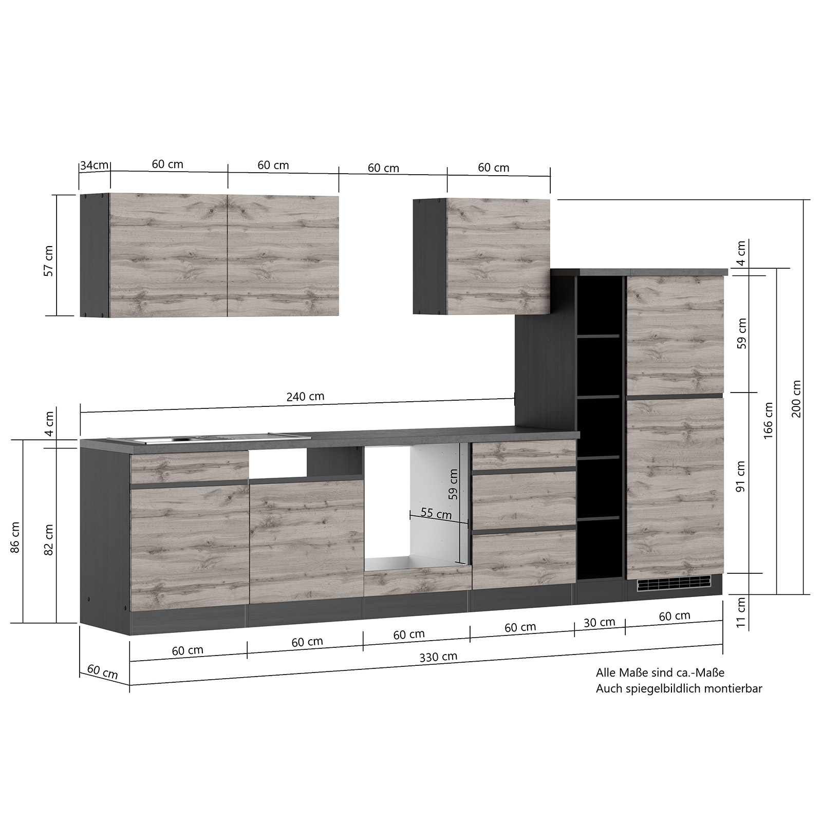 Küchenblock TURIN - Wotan Eiche-graphit - 330 cm