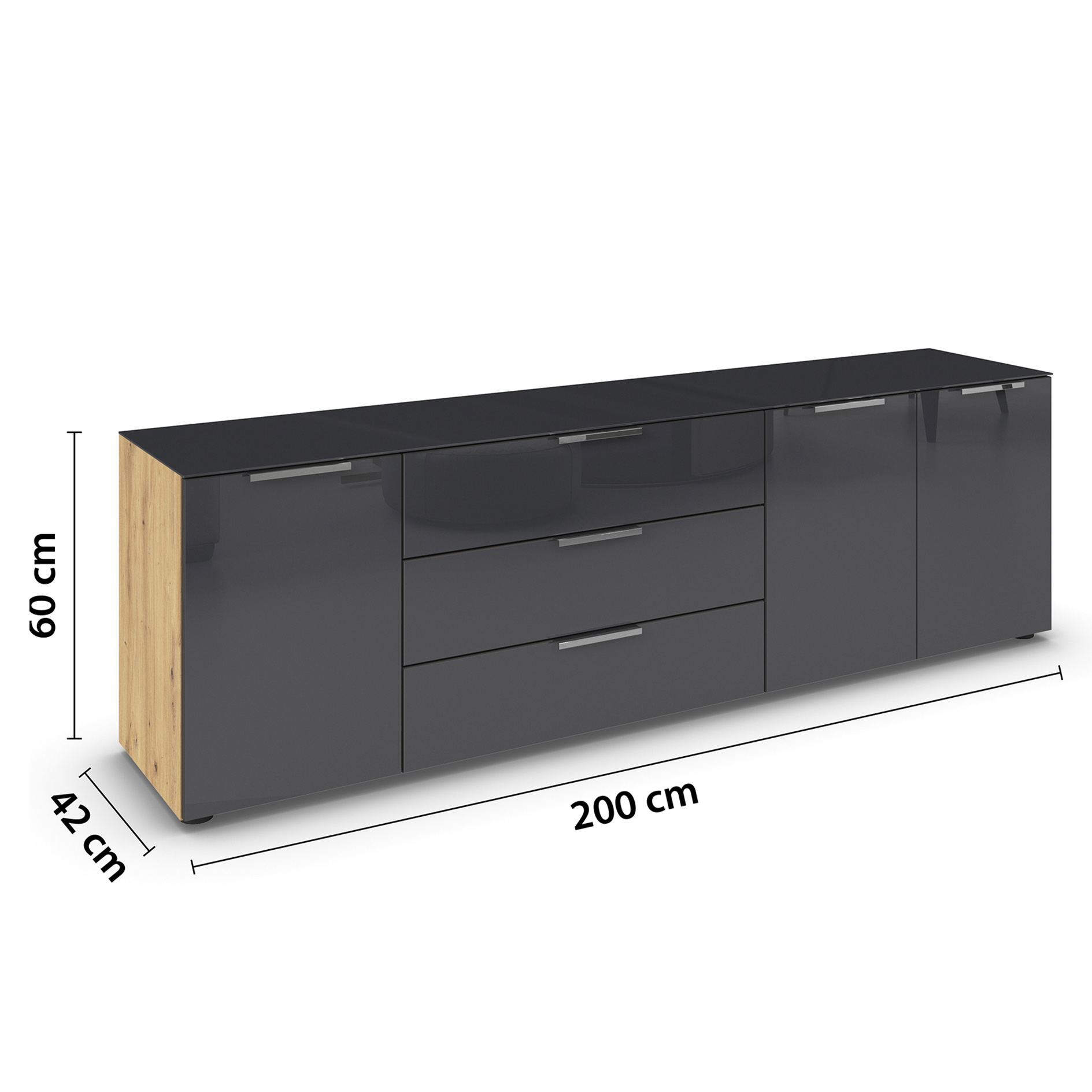 Lowboard - Artisan Eiche - Glas basalt - 199 cm