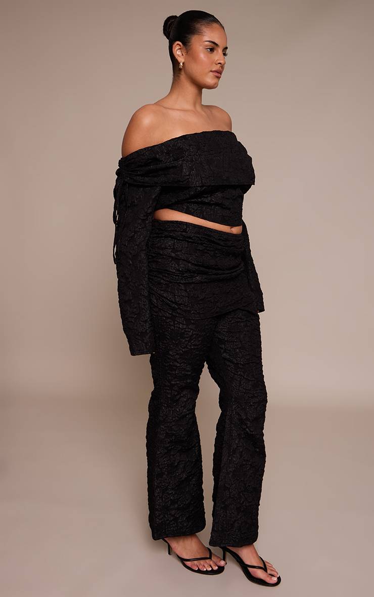 Noir Pantalon Large Grande Taille À Motif Floral Jacquard Avec Taille Repliée