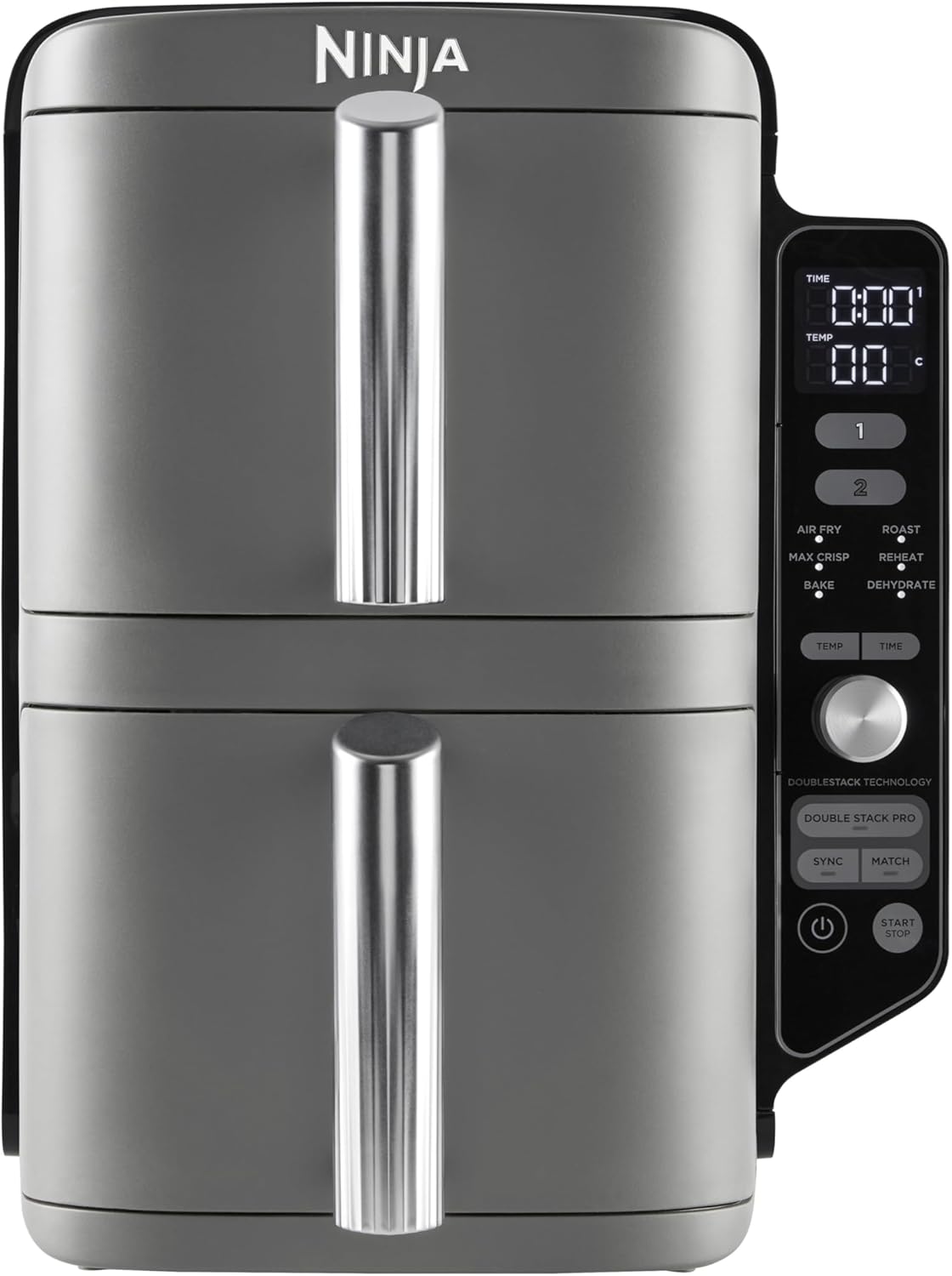 Ninja Double Stack XL Air Fryer Heißluftfritteuse, 9,5L Airfryer, Doppelkorb-Heißluftfritteuse mit 4 Kochstufen, 2 Körben, 2 Rosten, platzsparendes Design, 6 Kochfunktionen, 8 Portionen, Grau SL400EU