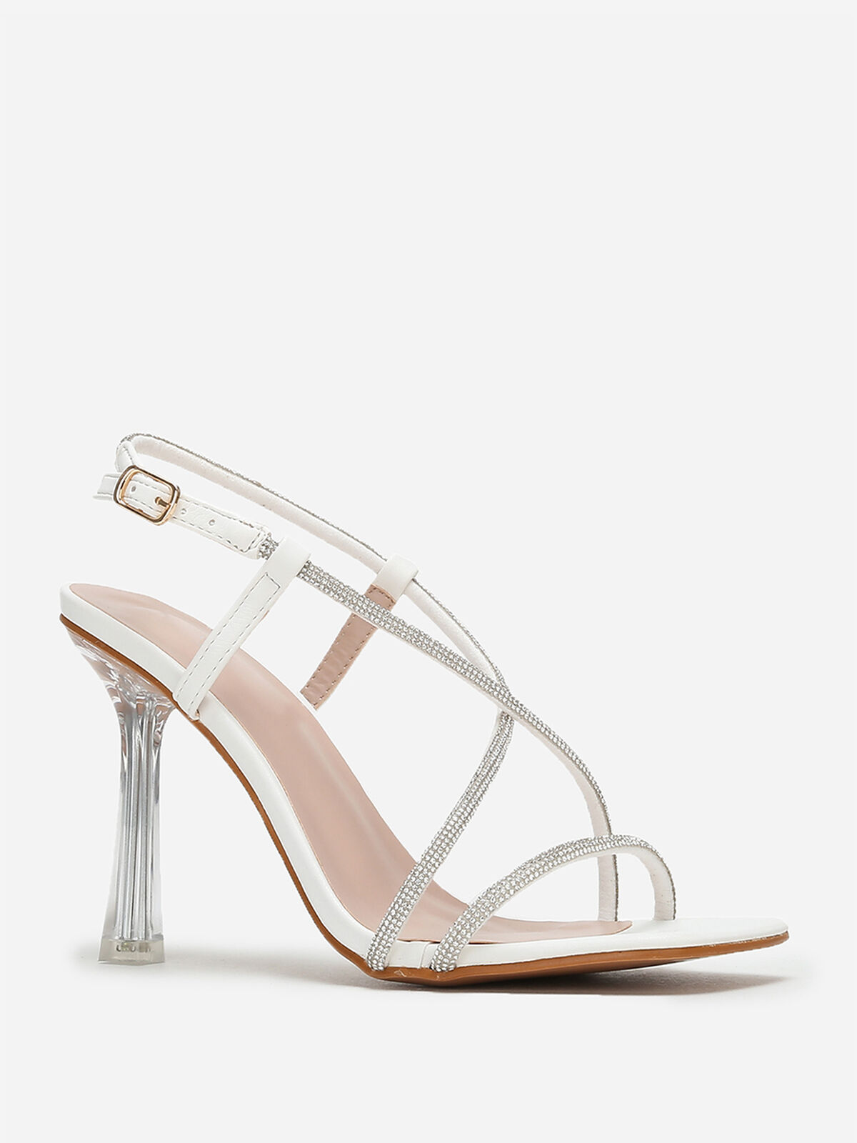 Sandales à talon transparent et strass- Blanc