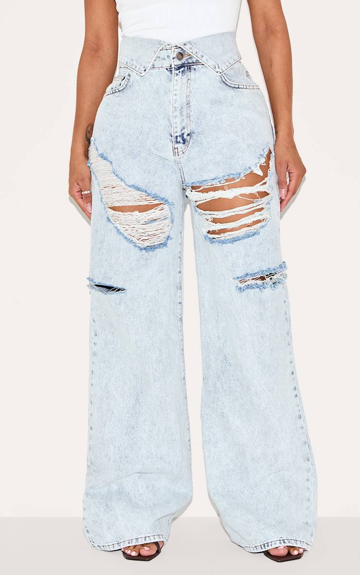 Light Blue Acid Wash Jean Large Taille Repliable Délavage Acide Déchiré Denim Shape