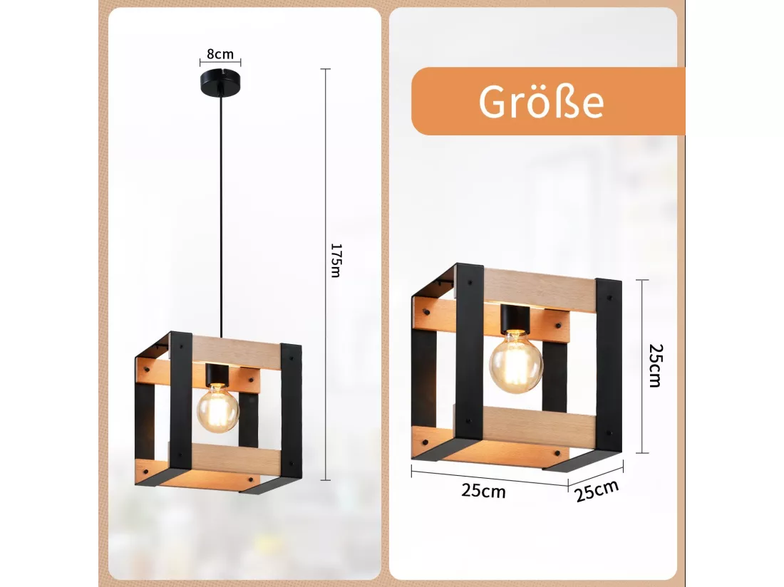 NETTLIFE Suspension Bois Métal Noir E27 Diam.175cm 1 Douille Industrielle Suspension Rétro pour Salle à Manger Salon Cuisine Chambre