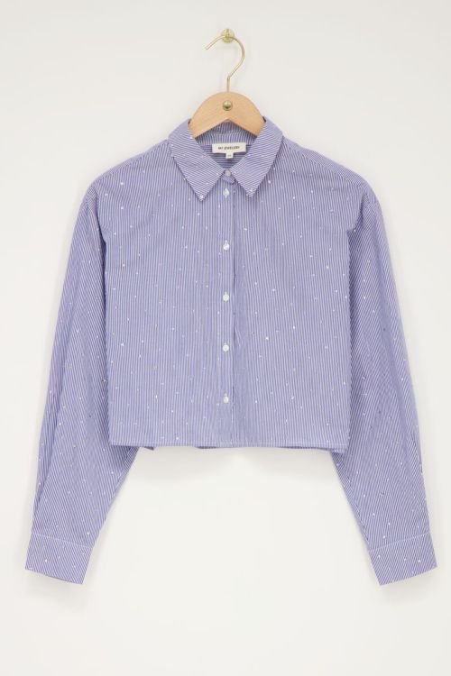 Blauw-wit gestreepte cropped blouse met strass