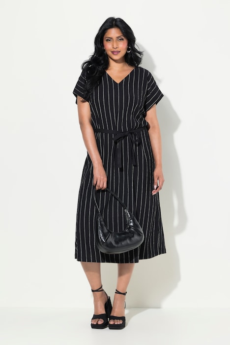 Jersey-Midikleid, Struktur, V-Ausschnitt, ärmellos