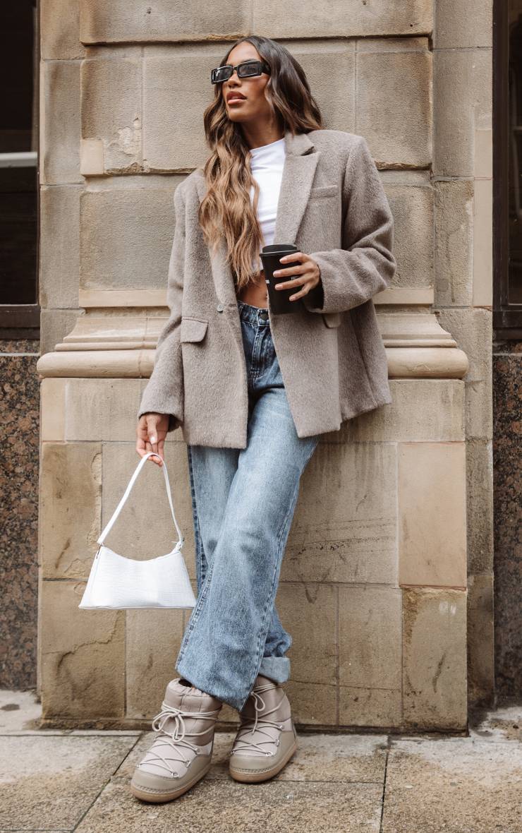 Gris Souris Blazer Oversize Effet Laine Texturé
